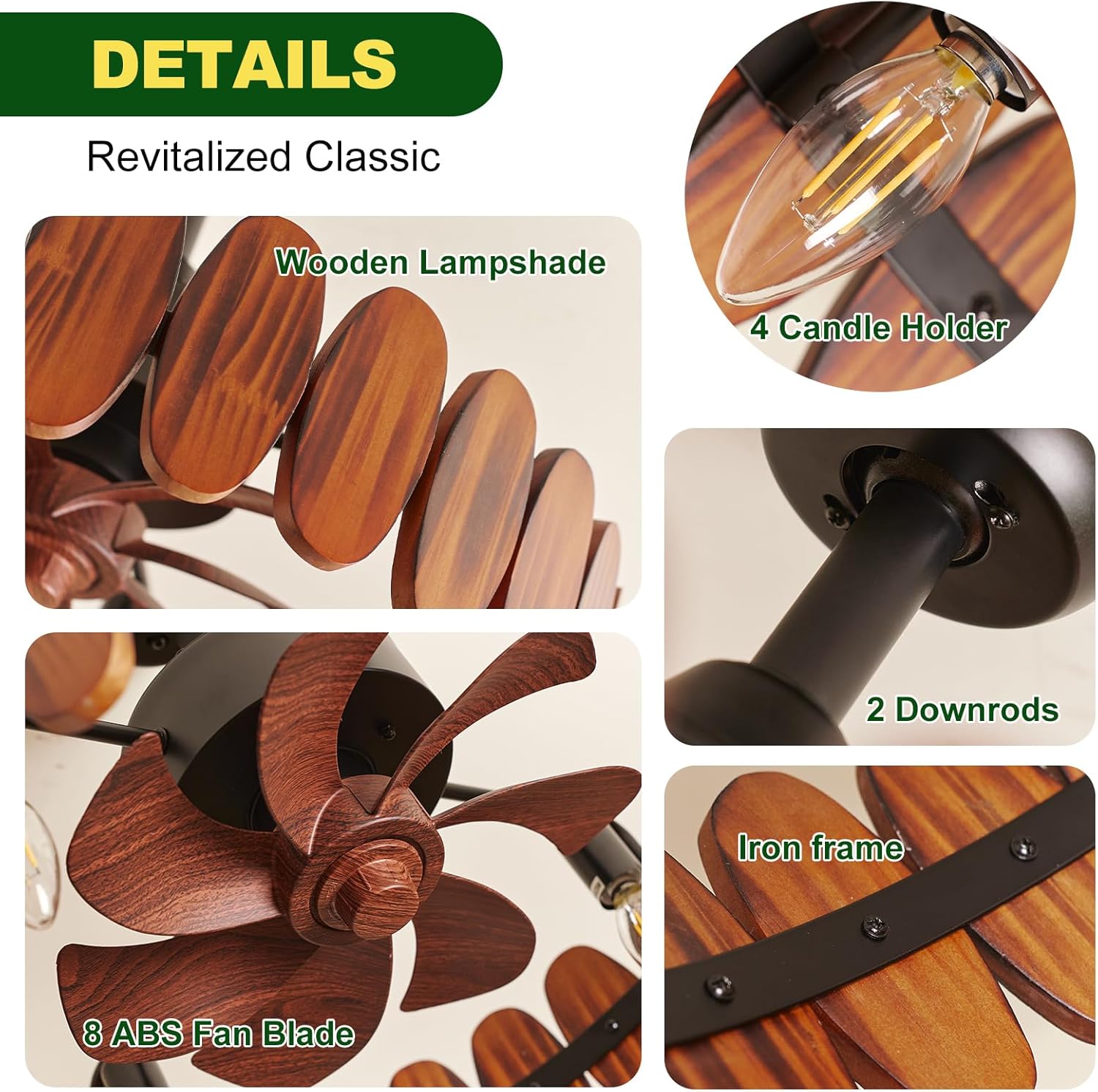 Farmhouse Wood Ceiling Fan with Lights, 19.7 Inch Rustic Chandelier Ceiling Fans Vintage Fence Caged Enclosed Bladeless Ceiling Fan Light Fandelier for Kitchen Dining Room