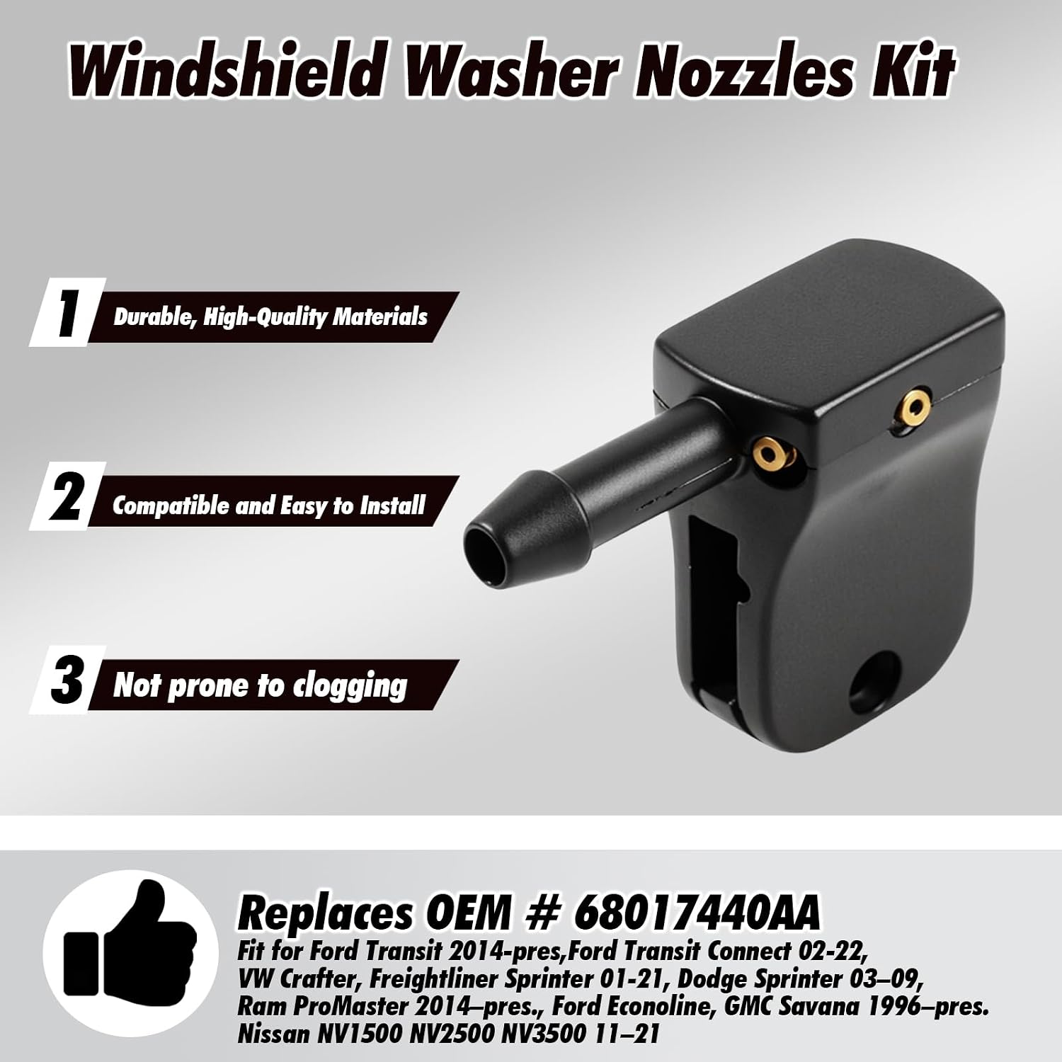 2 Pcs Front Windshield Washer Nozzles for Ford Transit, Freightliner, Dodge Sprinter, VW Crafter, Peterbilt,Replaces OEM 68017440AA