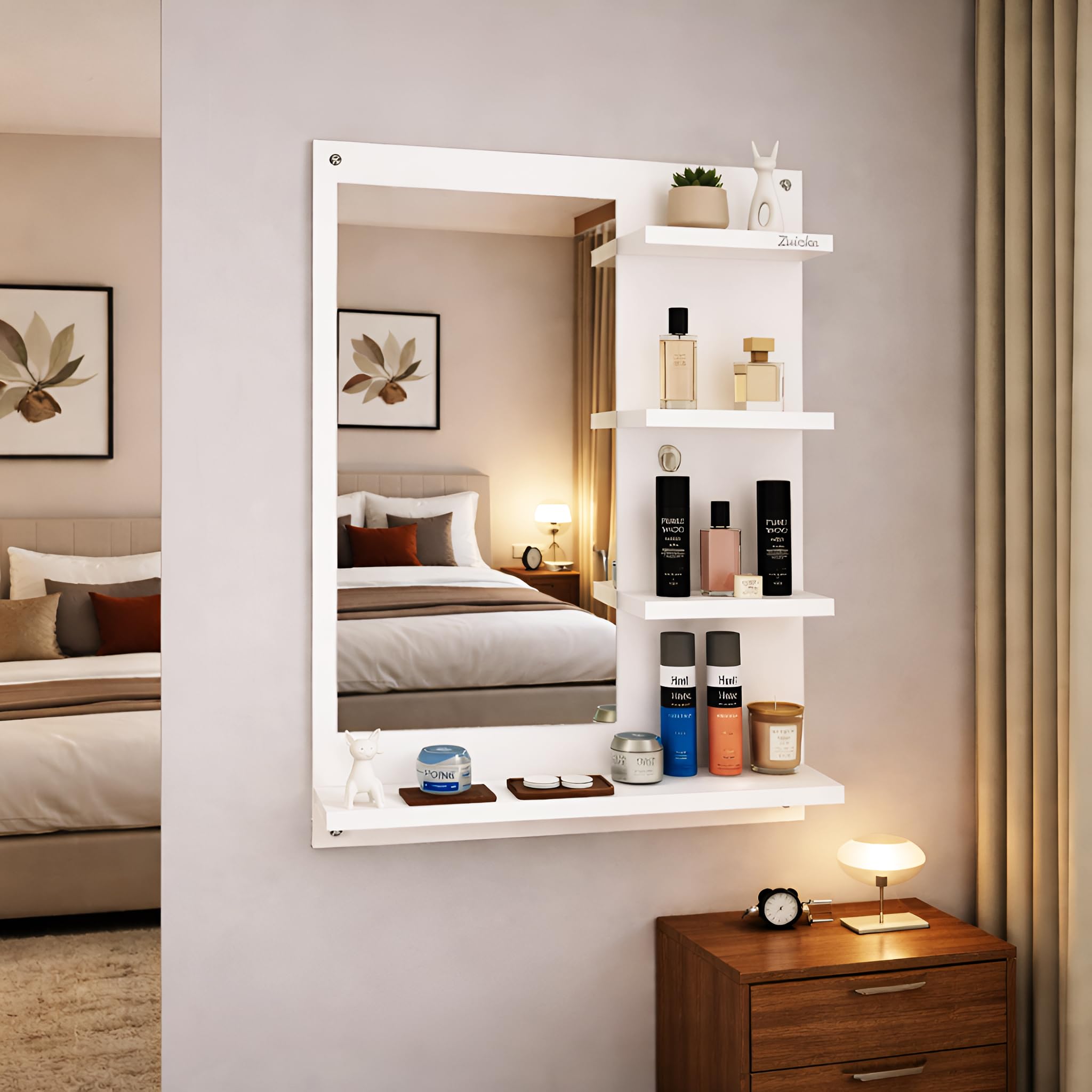 Wall Mounted Mirror with Shelves, White, 70cm x 50cm, Bathroom Organizer with Storage-picture-25