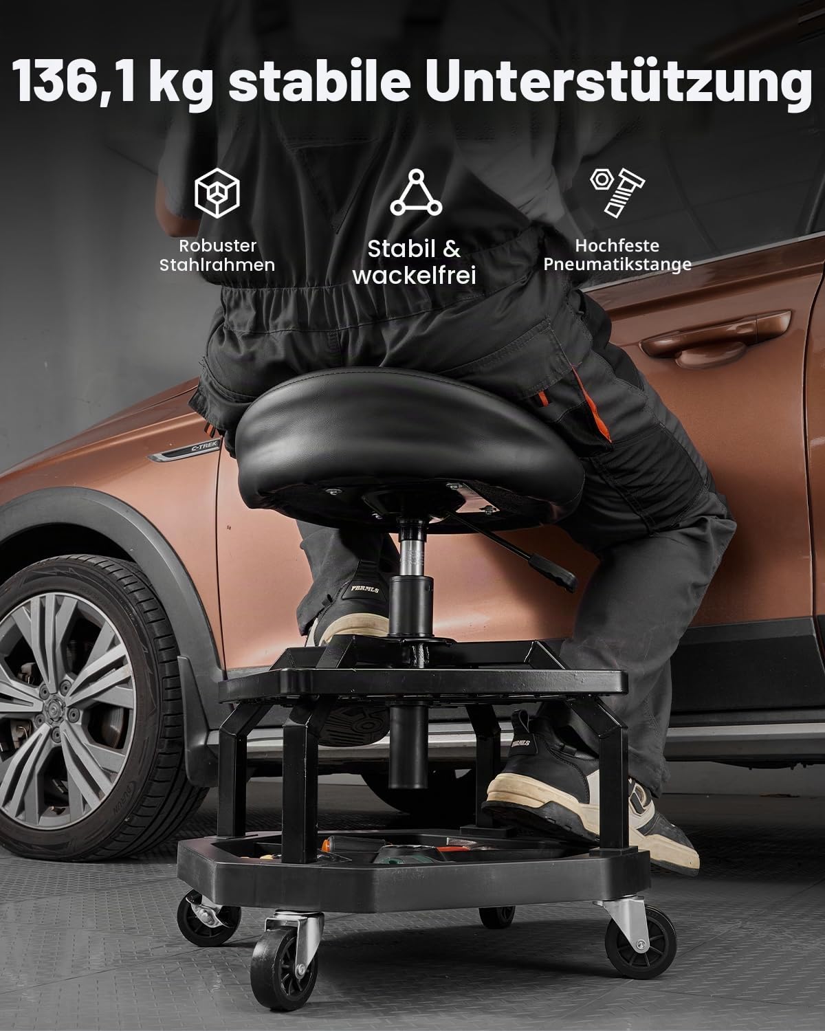 VEVOR rollbarer Werkstatthocker Werkstattsitz pneumatischer Garagensitz mit 136 kg Tragkraft, höhenverstellbarer Rollbrettsitz 360° drehbarer & gepolsterter Werkstattstuhl für Garage Werkstatt