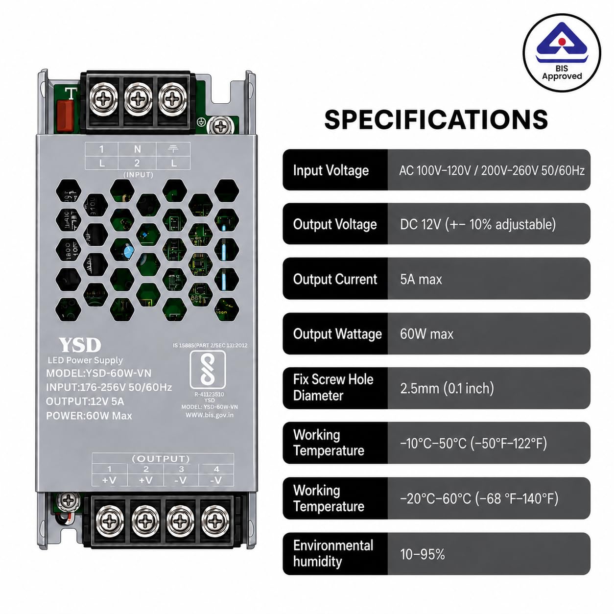 YSD 12 Volt 5 Ampere 60 Watt SMPS for LED Signage, Strip Lights, Decorative Lighting, CCTV Surveillance, Industrial Automation (Pack of 1 Piece) (5 AMPS 12V) — Amazon image 8