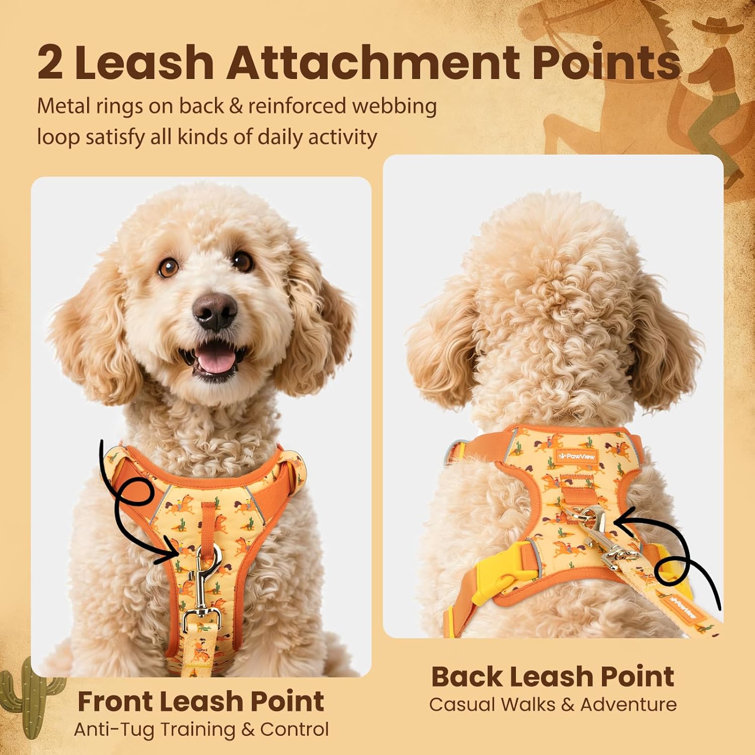 Western Cowboy No Pull Dog Harness for Small Dogs, Soft Air Mesh Vest, Front & Back Clips, Adjustable Escape-Proof Harness with Reflective Trim & QR ID Tag for Walking Running, Orange