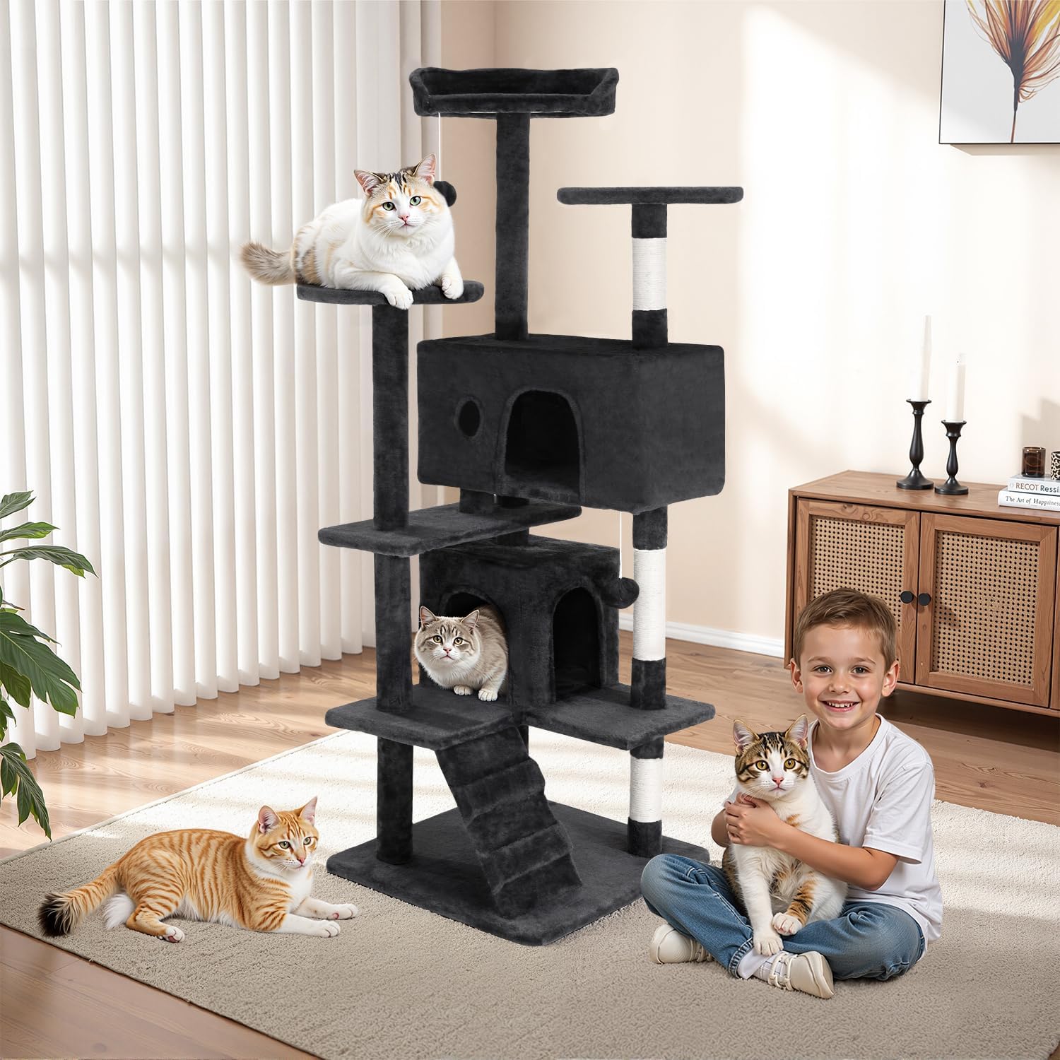 fdw cat tree 54in cat tower multi-level durable cat scratching post & cozy fun cat jumping platform space saving cat condo pet play house for indoor cats,grey grey 54in
