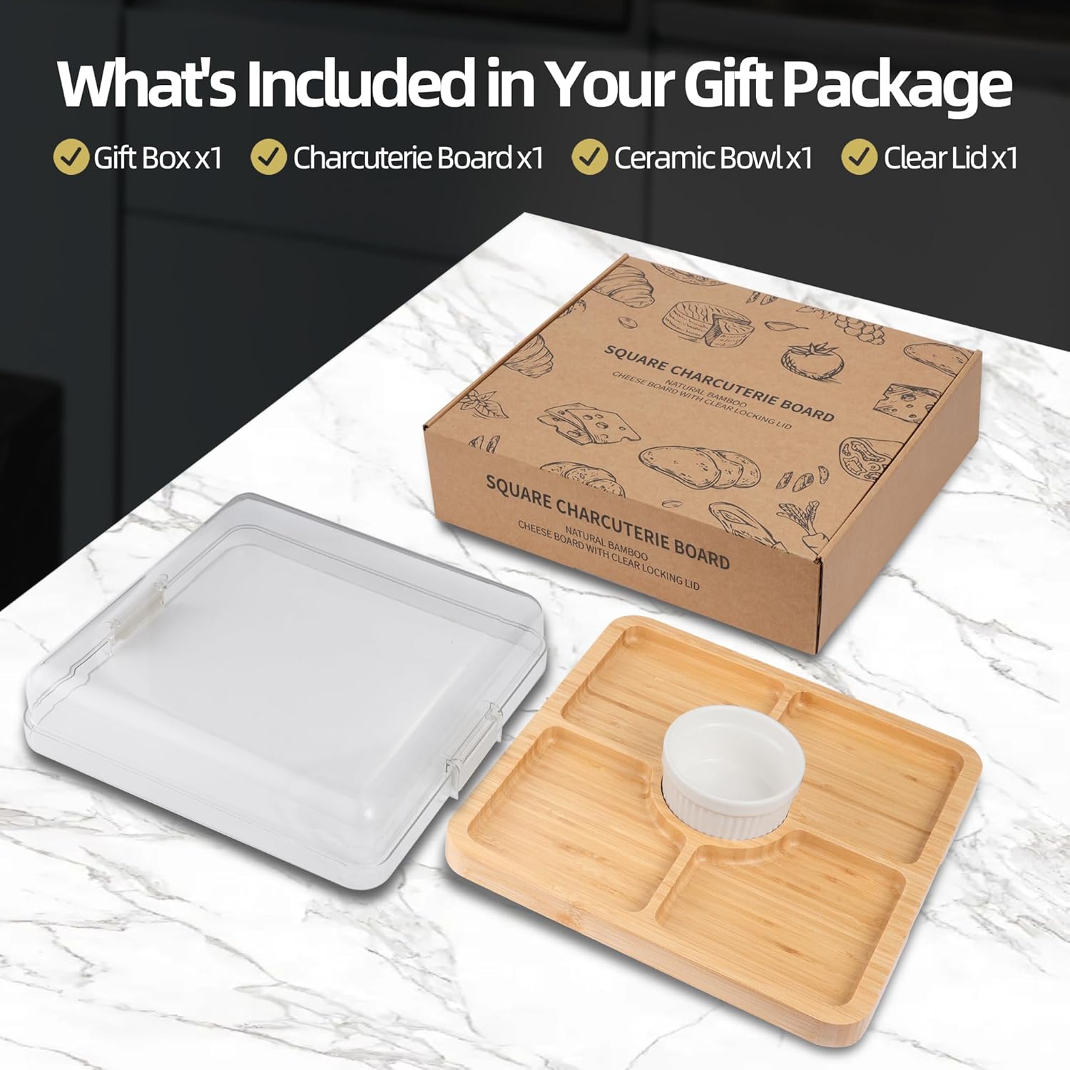 WILLKOMMEN Charcuterie Board with Lid- 5 Compartment Carbonized Bamboo Serving Tray with Locking Lid, Square Serving Platter Divided Serving Dishes for Party Cheese Snack Fruit - Image 7