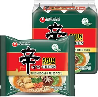 Nongshim Shin Ramyun Green Noodles, Vegan Spicy Korean Instant Ramyun, Mushroom & Fried Tofu Flavor, Bold Veggie Flavored Broth, Quick & Easy, Pantry Essential, Microwaveable, 4.4 oz (Pack of 4)
