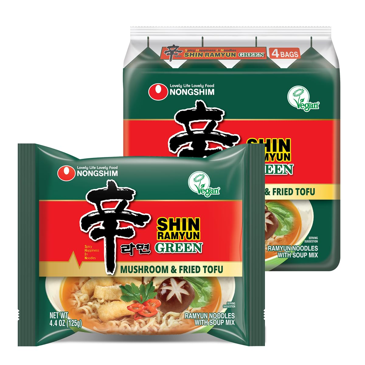 Nongshim Ramen Noodles, Gourmet Instant Ramen, Premium Microwavable Noodle Soup, Vegan Shin Green, 16-Pack