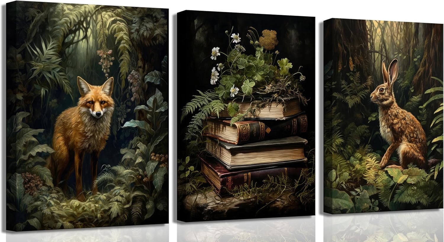 lianyibo Dark Forest Animal Canvas Wall Art Vintage Fox Rabbit Books Gothic Botanical Flower Poster Print Artwork Home Decor(70x90x3/Frameless)
