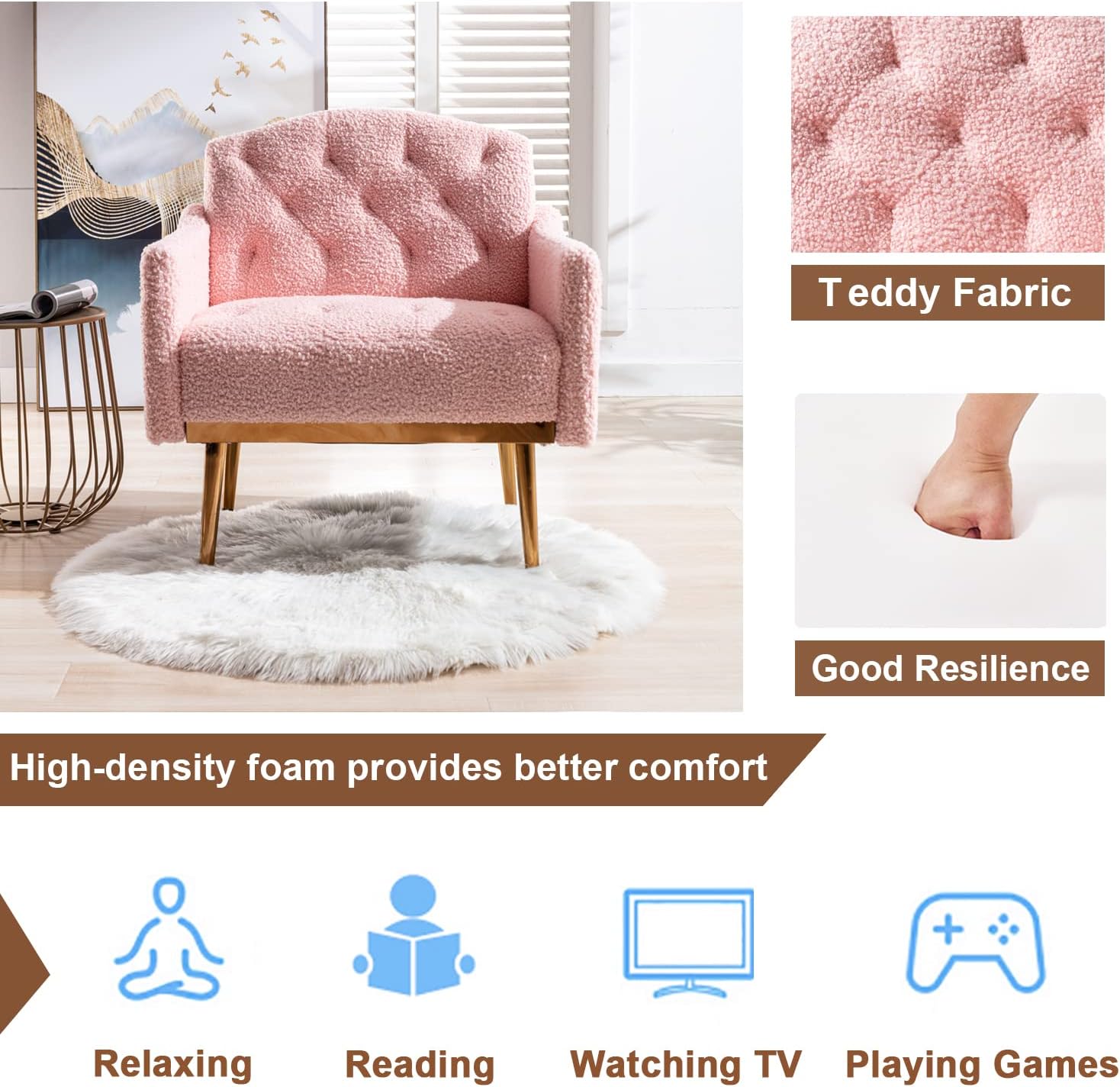 Modern Accent Chair, Upholstered Single Sofa Arm Chair for Living Room and Bedroom, Upholstered Comfy Armchair Chair with Solid Tapered Metal Legs, Pink : Home & Kitchen