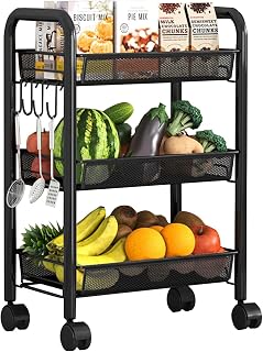 Carrito de almacenamiento delgado para verduras con estante pequeño con ruedas, color negro, 3 niveles