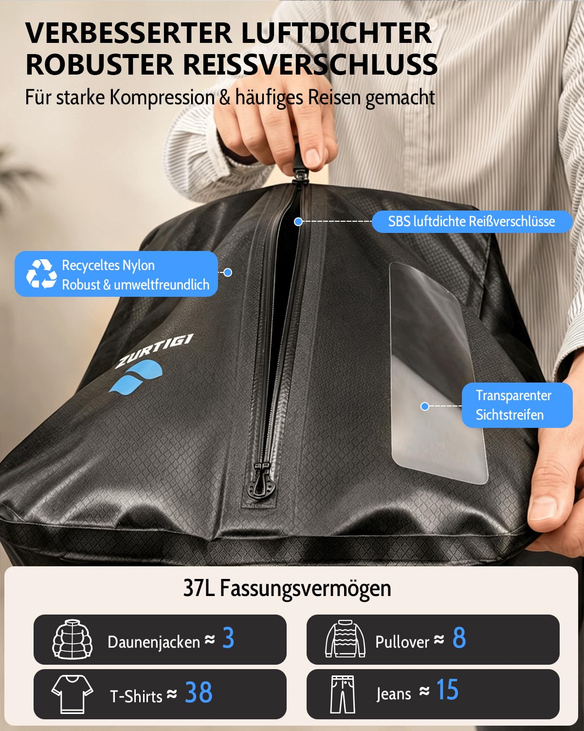 Zurligi Vakuum-Reiserucksack mit Vakuumbeutel, Mini-Pumpe, 30–60L, TSA-Lock | Erweiterbarer, wasserabweisender Carry-on-Rucksack mit herausnehmbarem Vakuumbeutel, Diebstahlschutz, für Damen und Herren