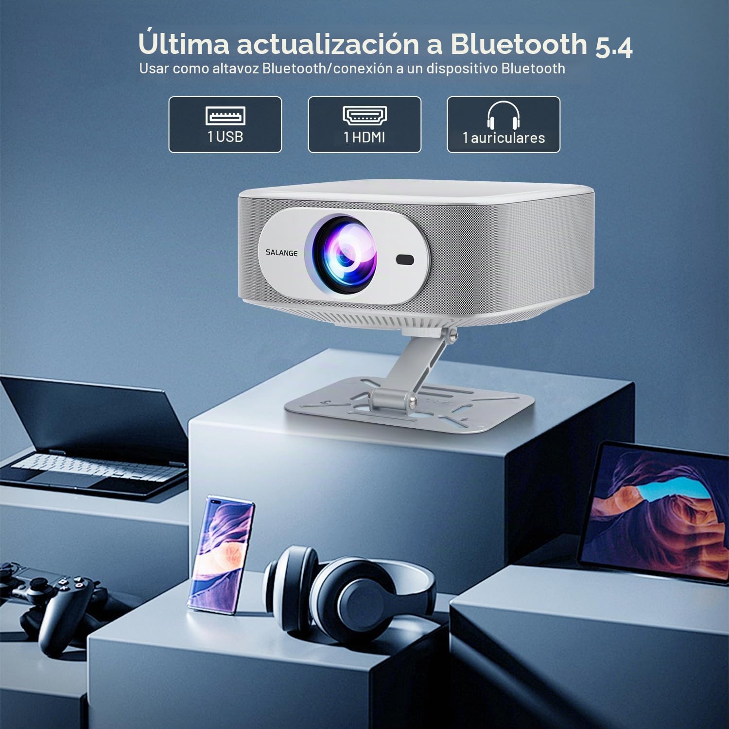 Salange Proyector Compatible 4K [1080P Nativo | Aplicación Integrada | Android 14], Proyector Inteligente WiFi6 y Bluetooth 5.4, Enfoque Electrónico y Autocorrección, Cine en Casa, Rotación 180°