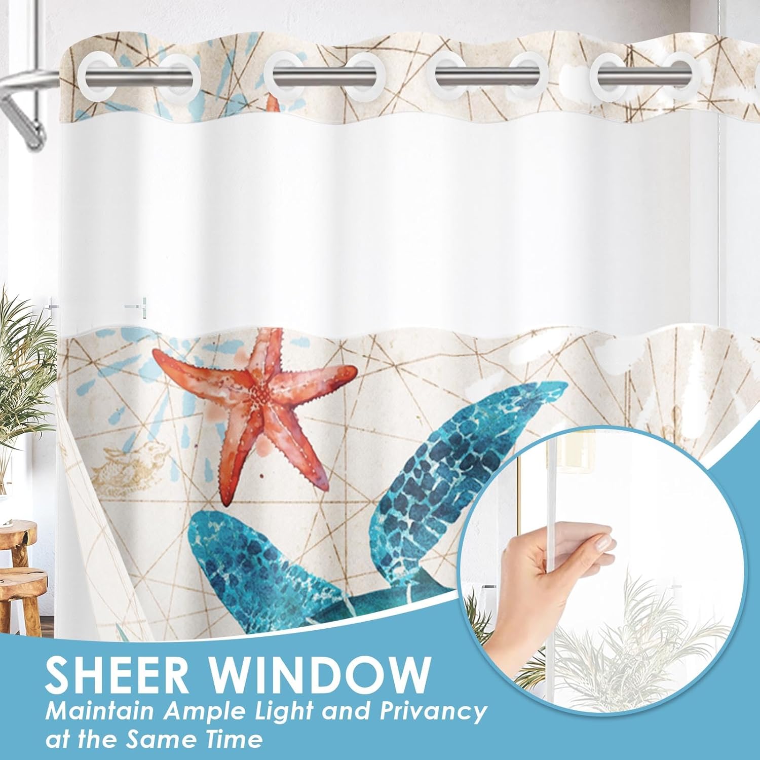 No Hook Sea Turtle Shower Curtain with Snap in Fabric Liner Set, Tropical Summer Ocean Blue Double Layers Waterproof Fabric with See Through Top Window Open Grommet Bath Curtain 71x74 Inch