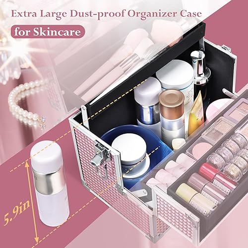 Miniatura 2 de Joligrace Estuche de maquillaje de 12 pulgadas, organizador de caja de maquillaje grande, estuche de maquillaje con espejo, estuche de viaje para