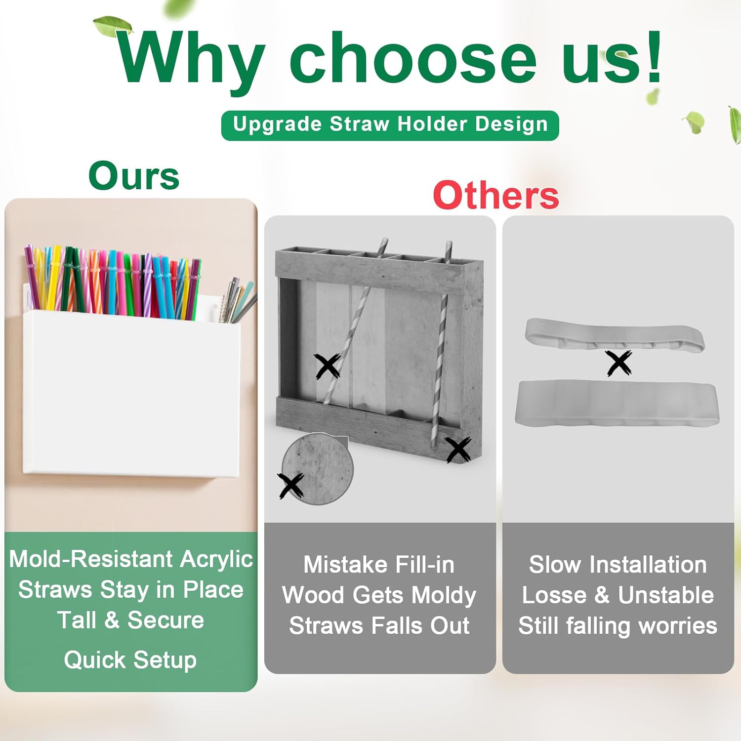 Acrylic Straw Holder for Cabinet Door, White Front Panel Straws Organizer with Adhesive or Magnetic Mount, Reusable Straw Storage Container for Kitchen, Cupboard, Bar Counter – 1 Pack - Image 3