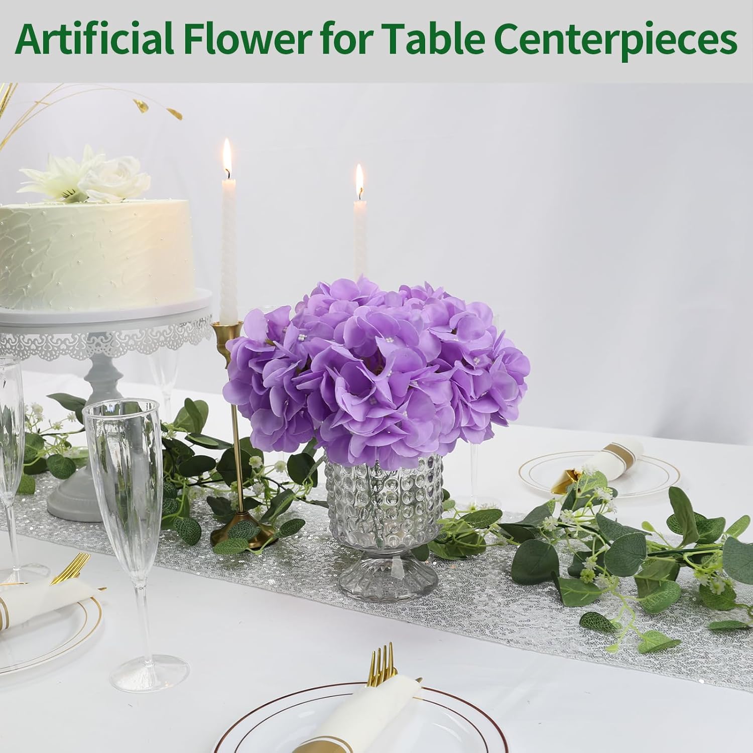 104 Pcs Purple Hydrangea Artificial Flowers with Stems, Faux Hydrangeas Lavender Silk Full Flower Heads for Wedding Home Decor Centerpieces Garden Party Decoration - Image 2