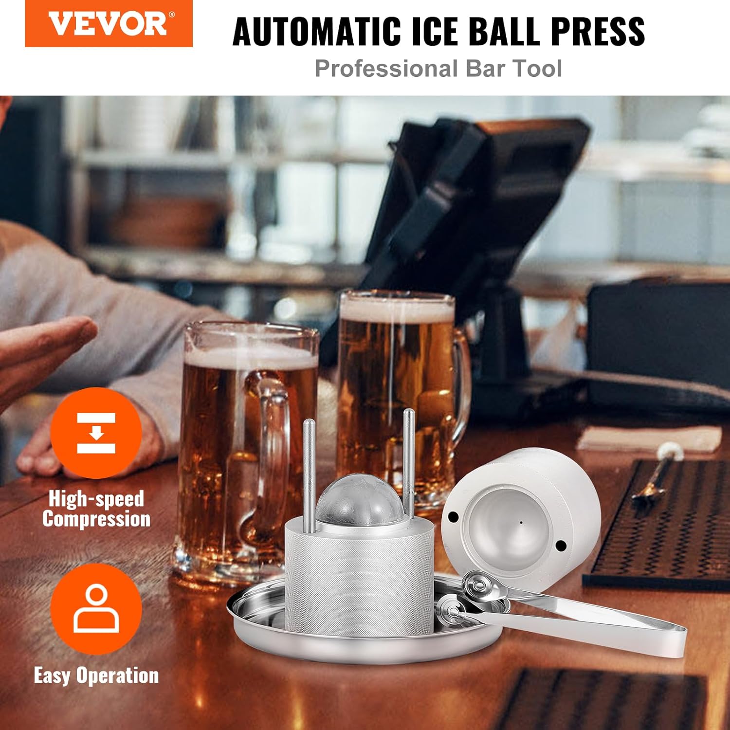 VEVOR Ice Ball Press Kit, Aviation Aluminum Ice Press with Ice Block Mold, Large Mat, Tong, Drip Tray, One Glass, Round Ice Ball Maker 2.4"/60 mm Ice Sphere, for Whiskey, Cocktail on Party & Holiday