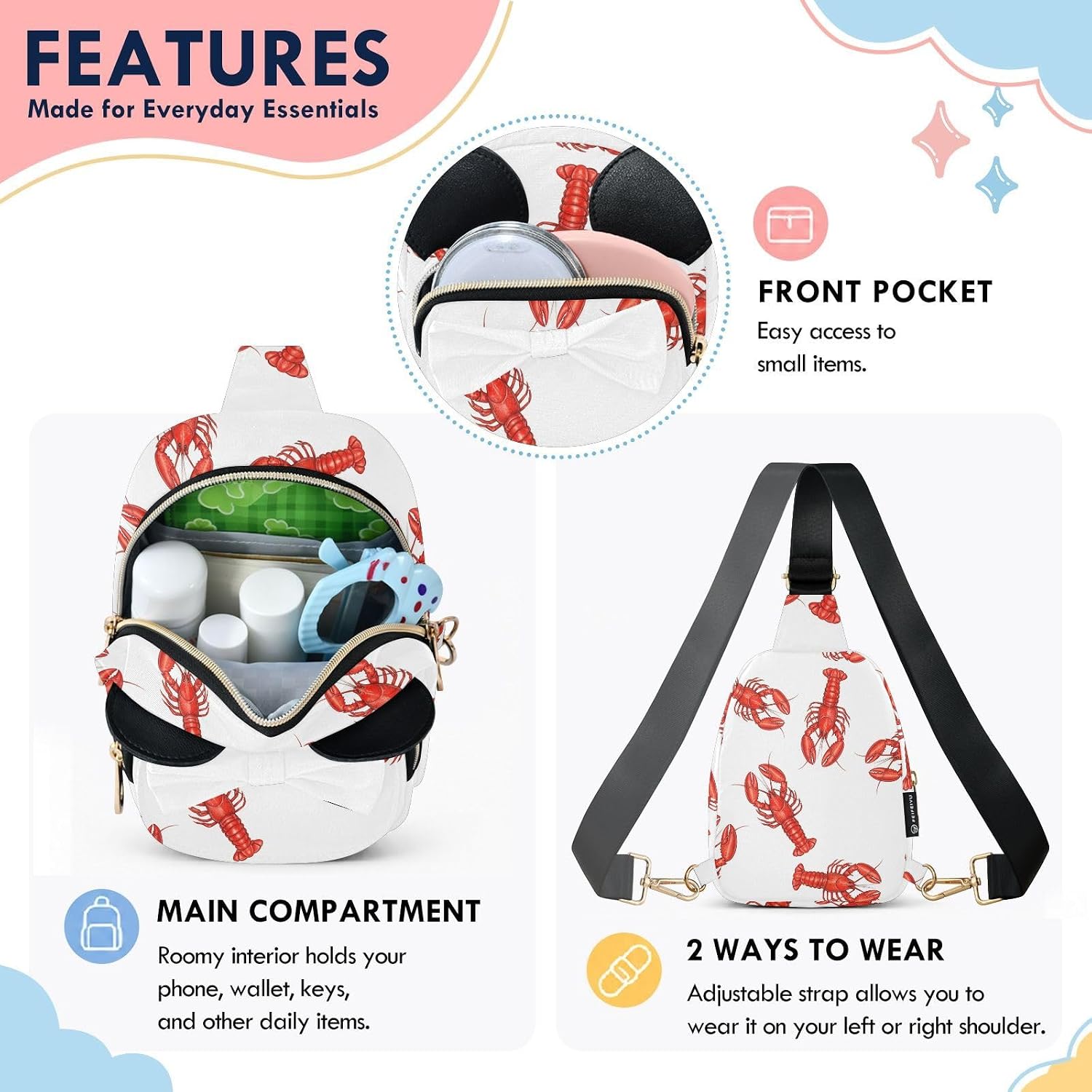 Lobster Kids Crossbody Bags for Girls, 5.7x3.1x7.5 In | Crossbody Fanny Pack, Toddler Purse, Cute Sling Belt Bag with Ears, 2L Small Shoulder Chest Bag for Travel