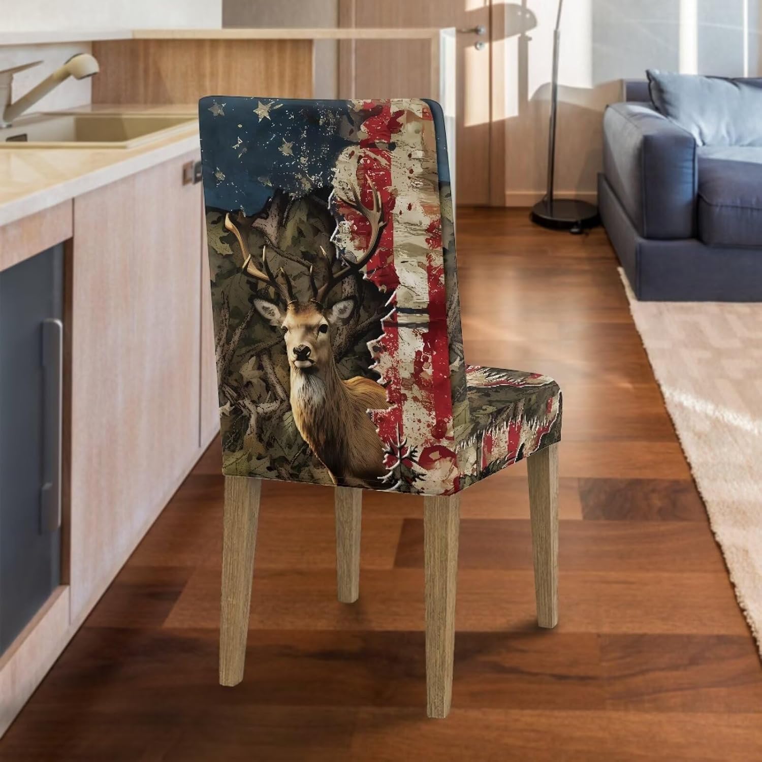 Talayituse Deer Camo American Flag Print Chair Covers for Dining Room, Stretch Dining Chair Cover, Washable Spandex Kitchen Parsons Chair Slipcovers for Home Party, Set of 6
