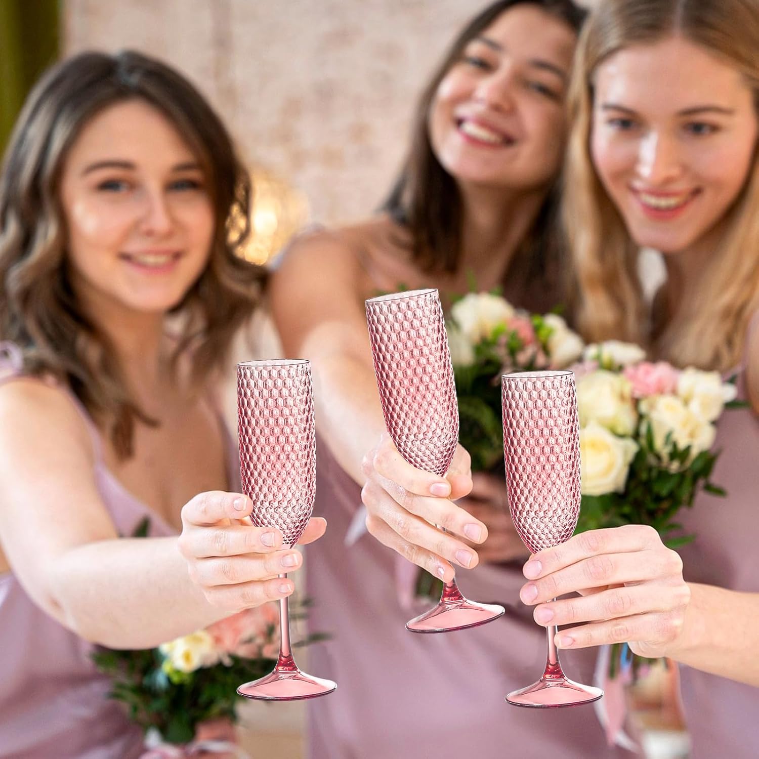 Plastic Champagne Flutes Champagne Glasses Unbreakable Wedding Toasting Glasses Reusable Diamond Wine Glasses Crystal Clear Party Wine Cups Vintage Drinking Glasses 5.5 OZ for Wedding (24, Pink) - Image 7
