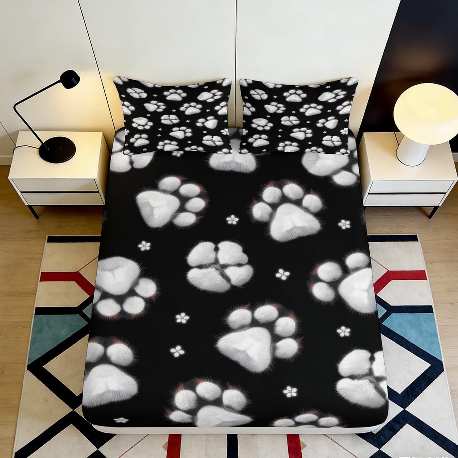 3D Printed Paw Print Black Fitted Sheet Microfiber Soft Breathable Cat Paw Mattress Cover for Bedroom Dormitory Guest Room Mattress Protection Decor 120x200x25cm