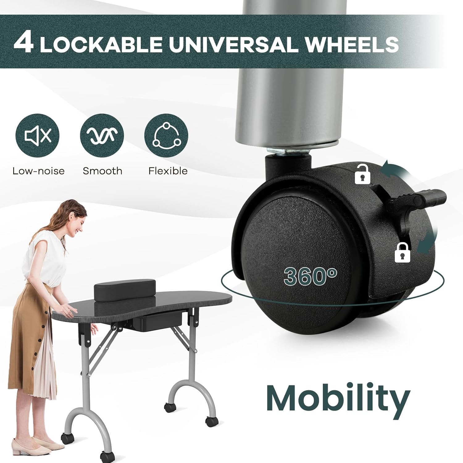 Nail Table- WELLHUT Portable Manicure Tables with Carrying Bag, Salon Station Foldable Nail Desk with Large Drawer, Wrist Rest, Lockable Wheels for Home Spa Beauty Salon Mobile Nail Tech