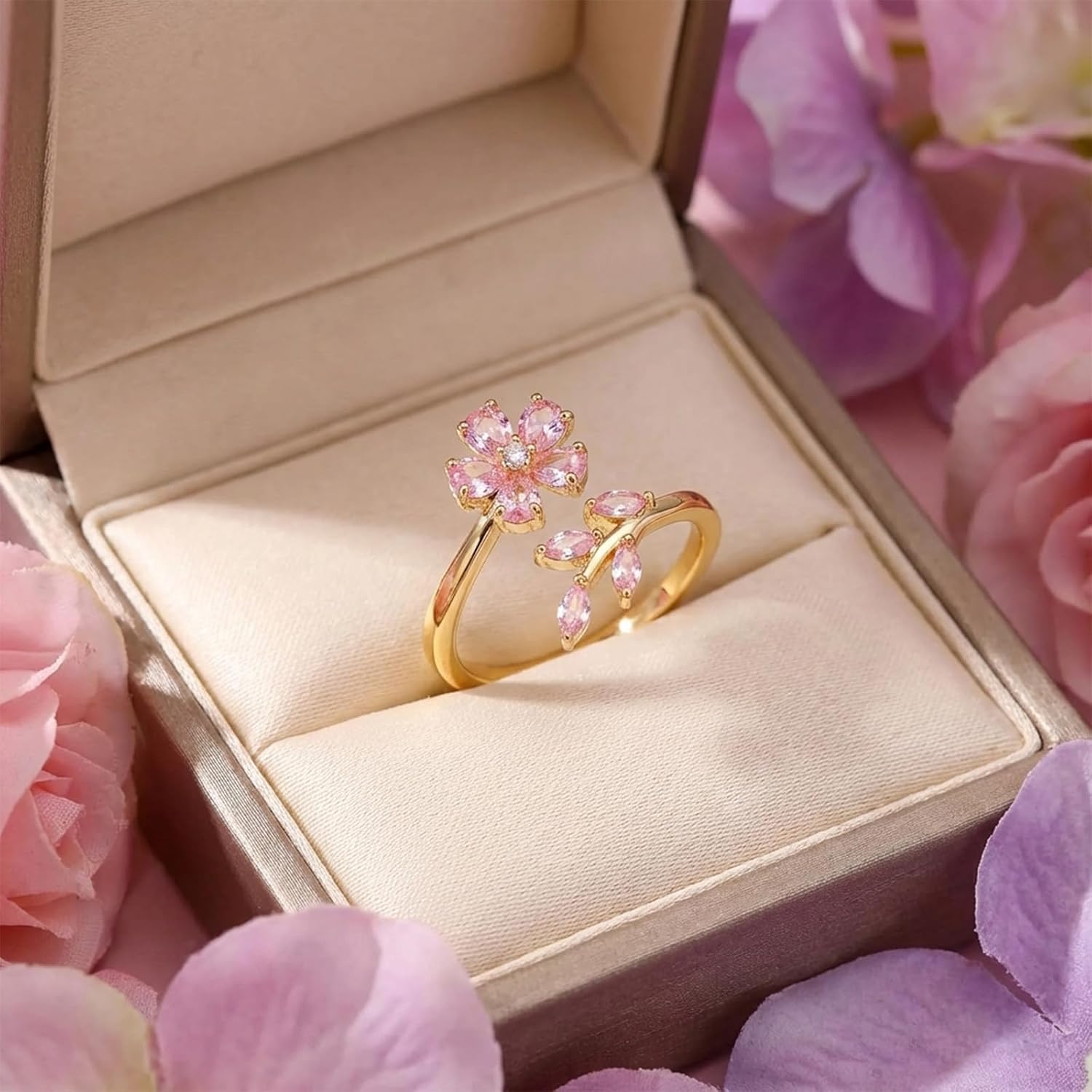 Flower Leaf Wrap Finger Ring for Women,Delicate Pink Crystal Floral Statement Open Ring,Adjustable Promise Engagement,Trendy Irregular Flower Accessories,Prom Jewelry Accessory