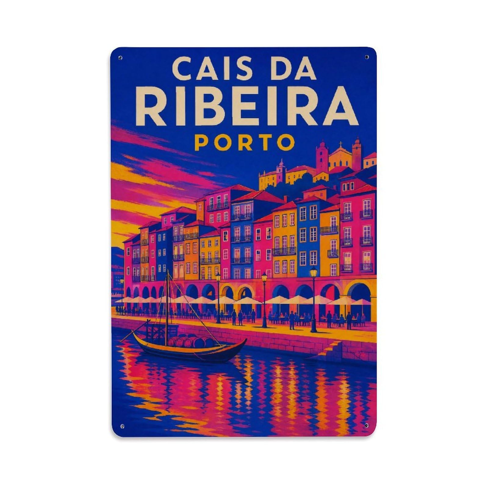 Yrnq 08X12inch Vintage Style Vintage Cais Ribeira Evening Lights Portugal Metal Tin Sign