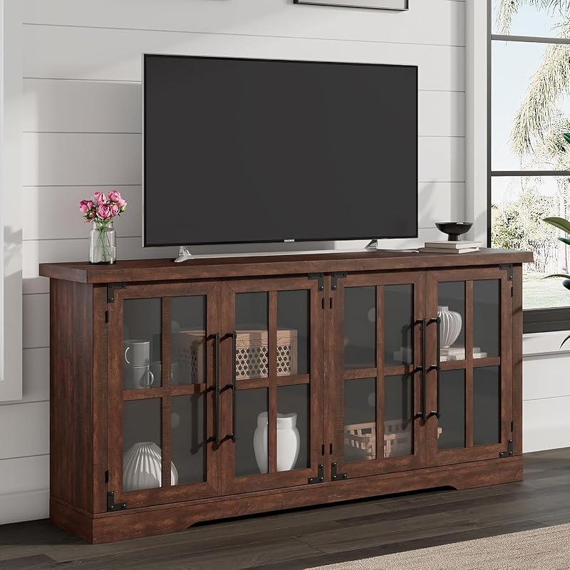 LUXOAK 63" Farmhouse TV Stand with 4 Glass Doors and Storage, Espresso