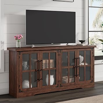 LUXOAK 63" Farmhouse TV Stand with 4 Glass Doors, Modern Buffet Sideboard Cabinet with Storage, Entertainment Center with Adjustable Shelf for TVs up to 75", Espresso