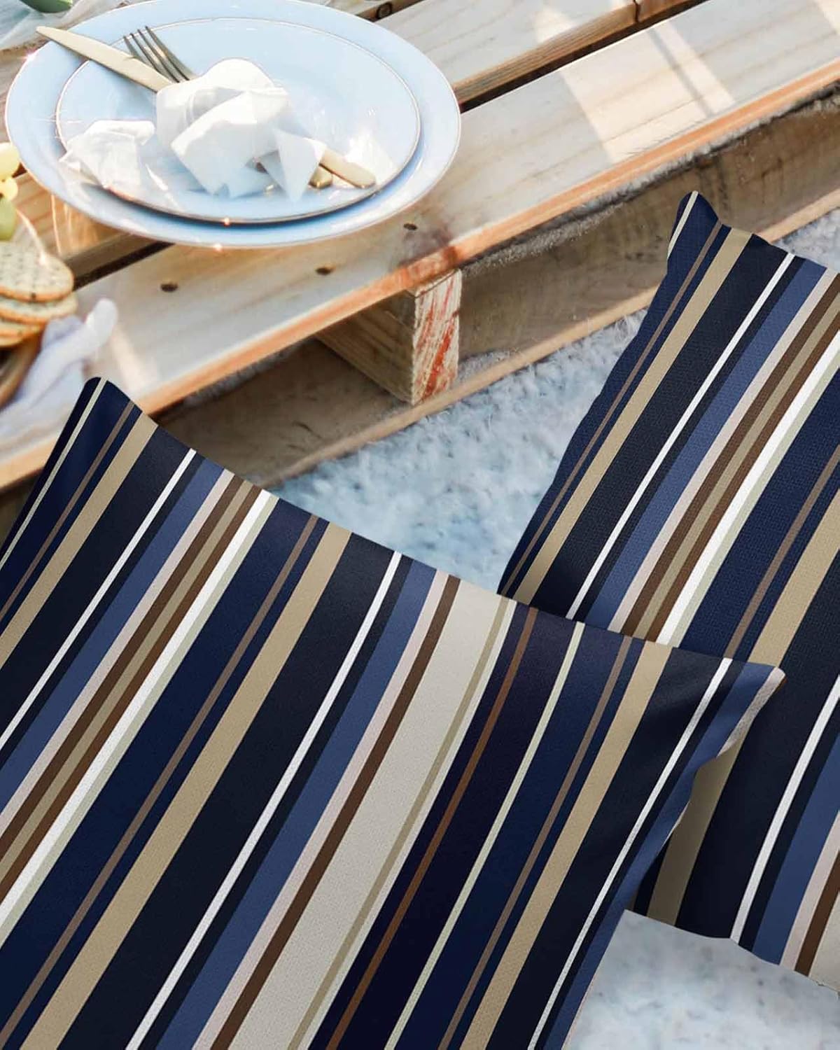 Outdoor Waterproof Pillow Covers for Patio Simple Stripe Decorative Throw Pillow Cover Blue And Brown Geometric Pattern Pillowcases Set of 2 Cushion Case for Sofa Couch Chair Home Decor 26x26 inch