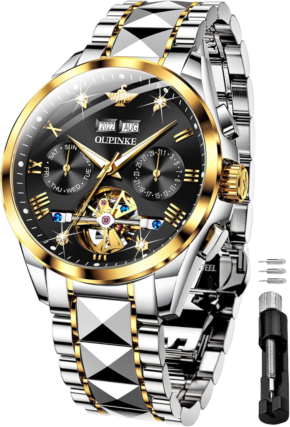 OUPINKE Gold Men Automatic Mechanical Wrist Watches Luxury Dress Tungsten Steel Luminous Waterproof Sapphire Diamond Calendar Best Gifts Men