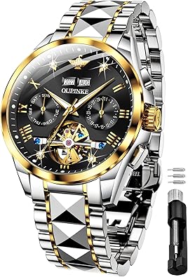 OUPINKE Gold Men Automatic Mechanical Wrist Watches Luxury Dress Tungsten Steel Luminous Waterproof Sapphire Diamond Calendar Best Gifts Men