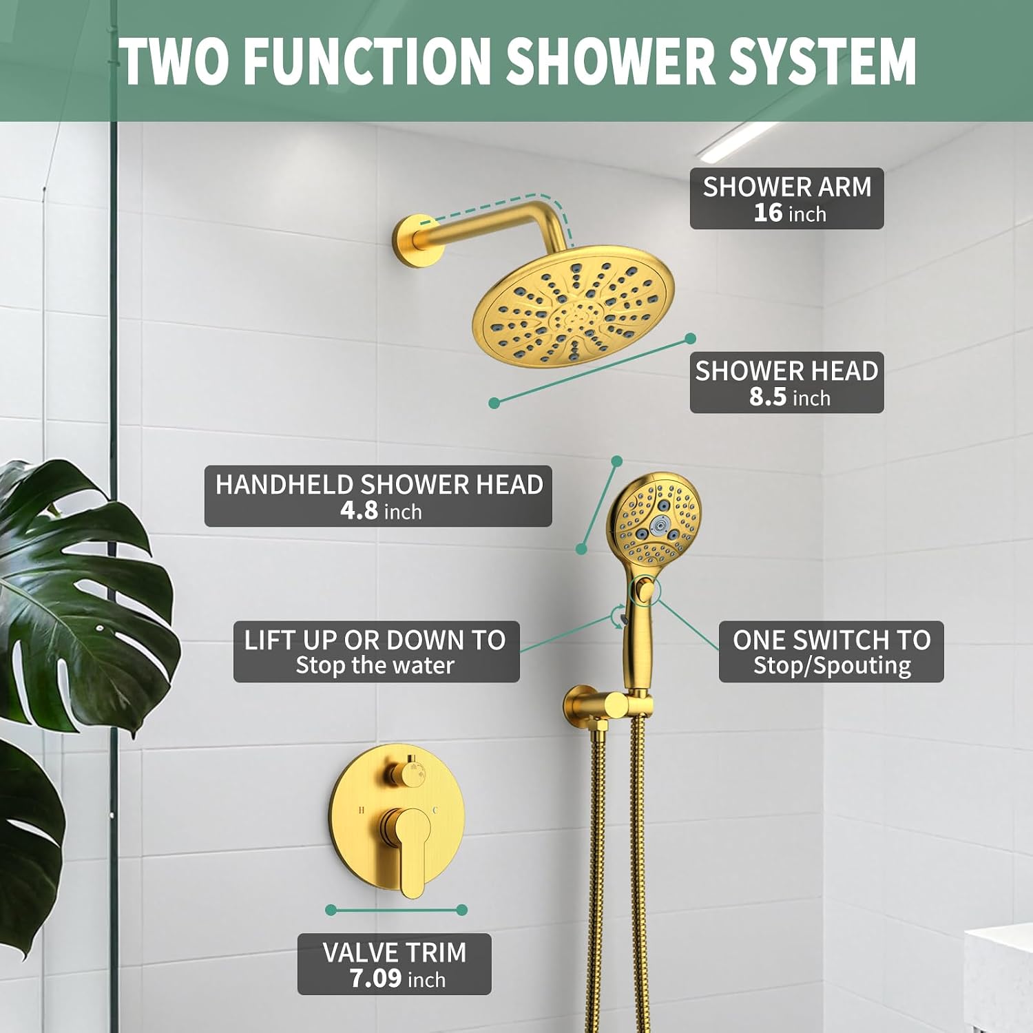 Suncleanse Gold Shower Faucet Sets - 8.5" Rain Shower Head Combo with 7-Setting handheld Spray Complete Shower System - Rainfall Shower Fixtures with Rough-in Valve and Trim Kit for Luxury Bathroom
