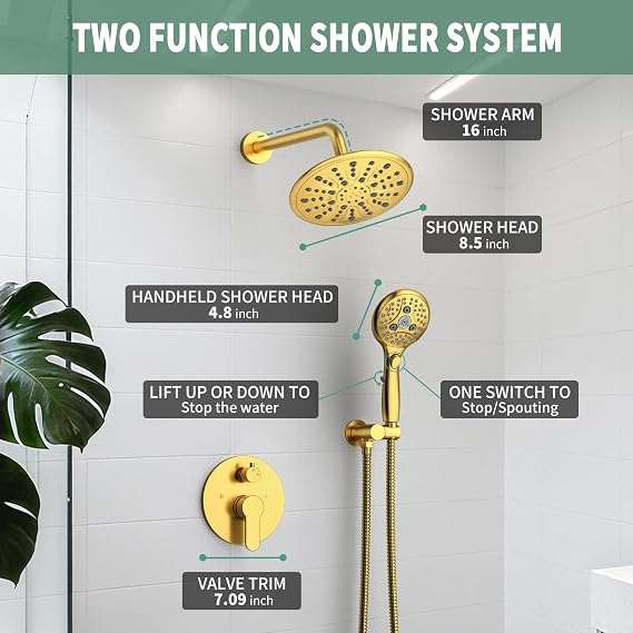 Suncleanse Gold Shower Faucet Sets - 8.5 Rain Shower Head Combo with 7-Setting handheld Spray Complete Shower System - Rainfall Shower Fixtures with Rough-in Valve and Trim Kit for Luxury Bathroom