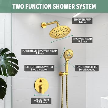 Suncleanse Gold Shower Faucet Sets - 8.5 Rain Shower Head Combo with 7-Setting handheld Spray Complete Shower System - Rainfall Shower Fixtures with Rough-in Valve and Trim Kit for Luxury Bathroom