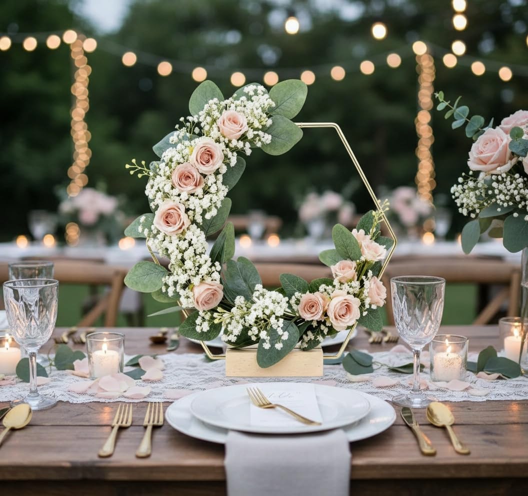 Abaodam 10Pcs Hexagonal Floral Hoop Centerpieces with Bases 9.05 Inch Metal Wreath Rings for Wedding Table Decorations Diy Party Home Decor