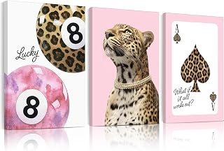 3Pcs Pink Cheetah Wall Art Trendy Leopard Pictures Lucky 8 Ball Canvas