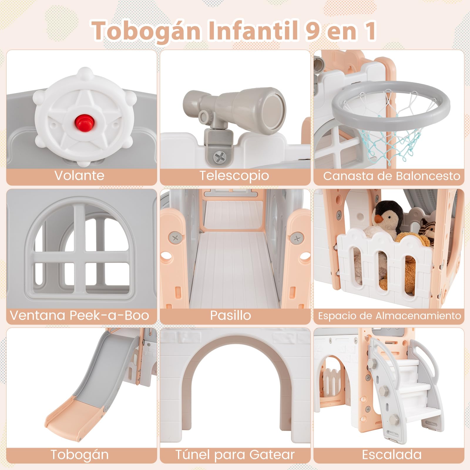 COSTWAY Tobogán Infantil 9 en 1, Juego con Tobogán y Escalera con Canasta de Baloncesto, Telescopio, Volante, Pasillo, Túnel y Espacio de Almacenamiento (Rosa y Gris)