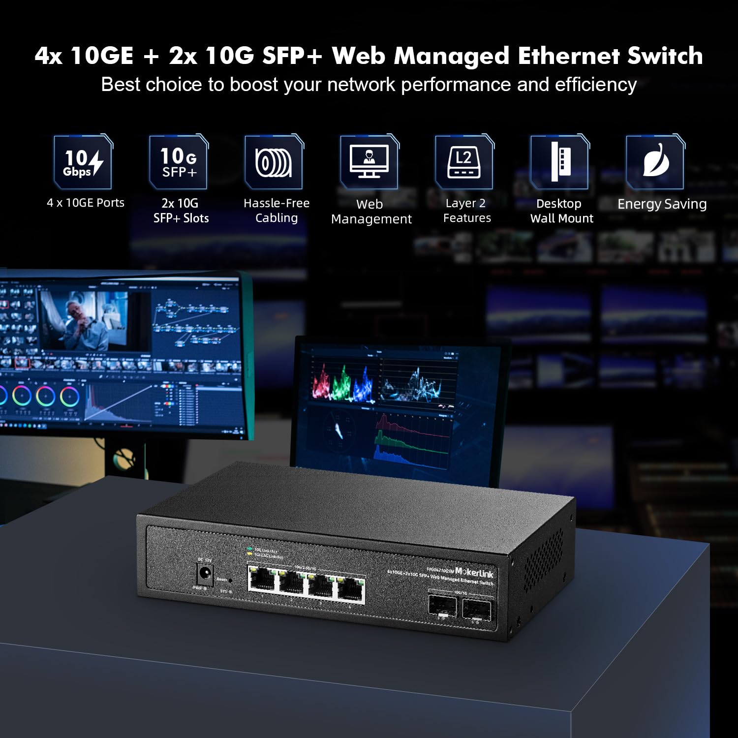 MokerLink 6 Port 10Gbps Managed Switch, 4x10G Etheret RJ45, 2x10G SFP+ Unterstützung 1G und 10G SFP+, 120Gbps Bandbreite, Kleiner L2 Web Managed Netzwerk Desktop Switch