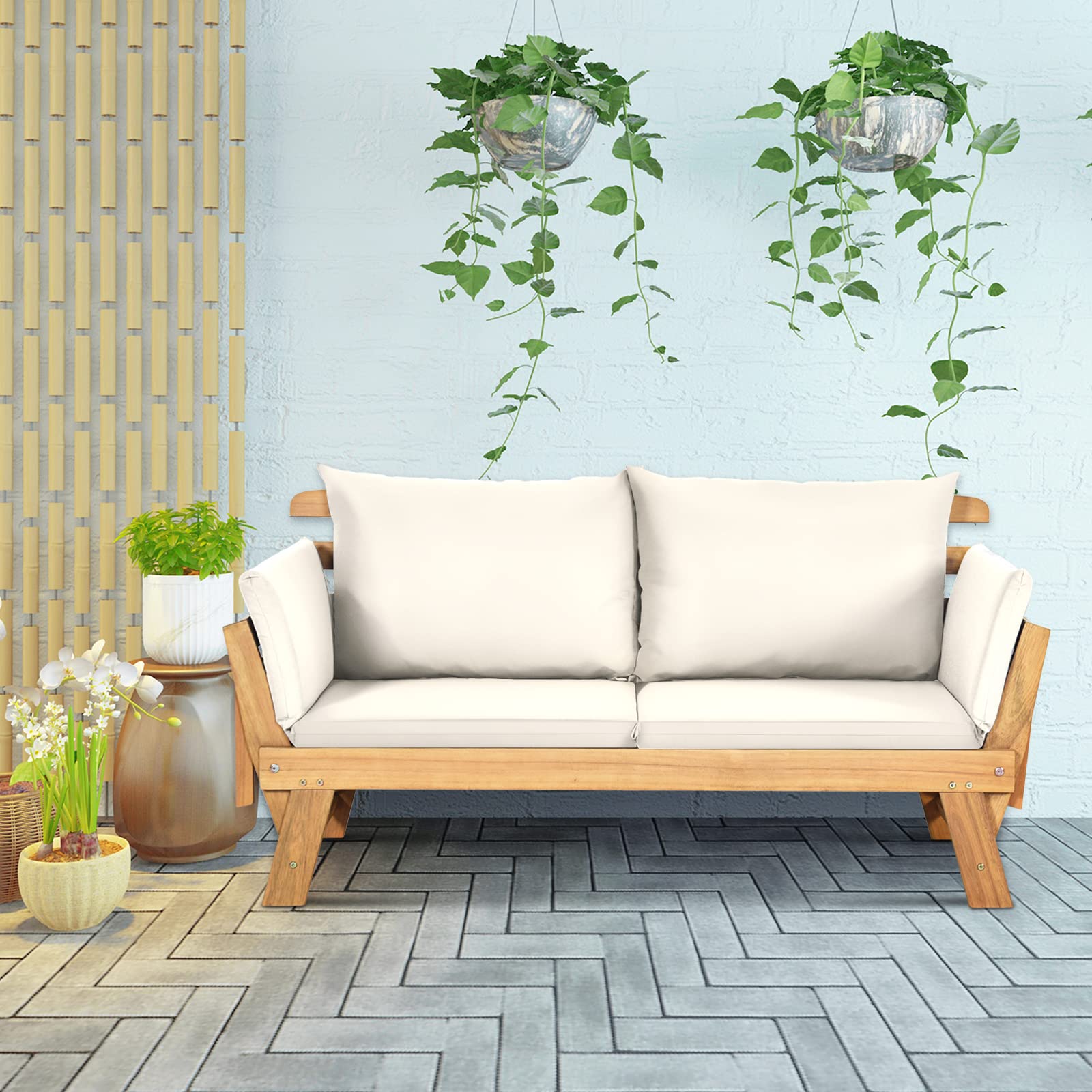 KOMFOTTEU Divano Esterno Giardino 2 Posti, 2 in 1 con Cuscino Morbido, Divanetto da Esterno in Legno di Acacia con Braccioli Regolabili, Sdraio per Terrazza e Cortile, 198/157 x 75 x 75 cm (Bianco)