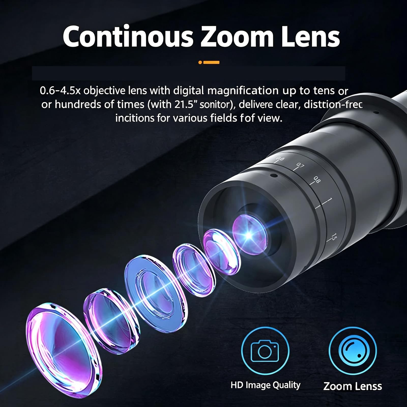 Mikroskop cyfrowy HDMI, obiektyw z ciągłym zoomem 2 MP 0,6-4,5x, z oświetleniem pierścieniowym LED, regulowany stojak, do naprawy elektroniki PCB, kontrola lutowania