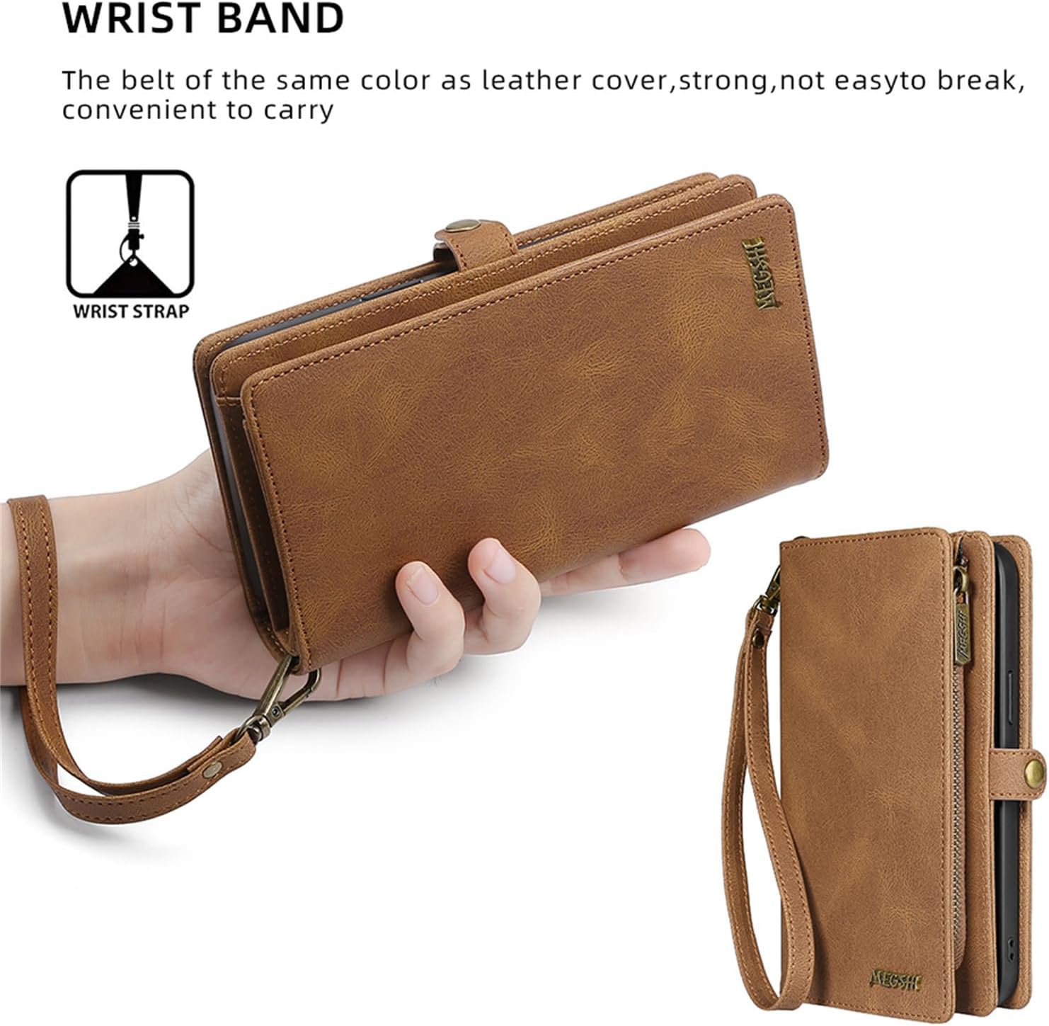 Wallet Case for iPhone 15 Pro Max/15 Pro/15 Plus/15, PU Leather Zipper 2 in 1 Detachable Magnetic Bukckle Flip Shockproof Cover with Wrist Strap Removable,Brown,15