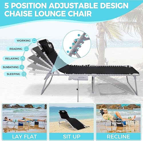 Miniatura 4 de #WEJOY Silla reclinable plegable con mesa auxiliar para exteriores, 5 posiciones, silla reclinable ajustable para patio, camping con almohada