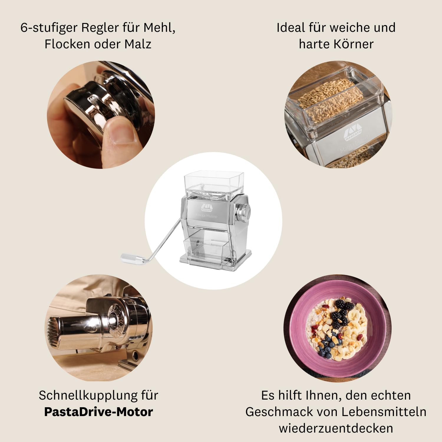 Marcato Marga Mühle für Getreide, Getreidemühle, hausgemachte Mehlmaschine, aus Stahl und Aluminium, 6 Mahlpositionen, 2 Oberflächen für Flocken oder Mehl, hergestellt in Italien