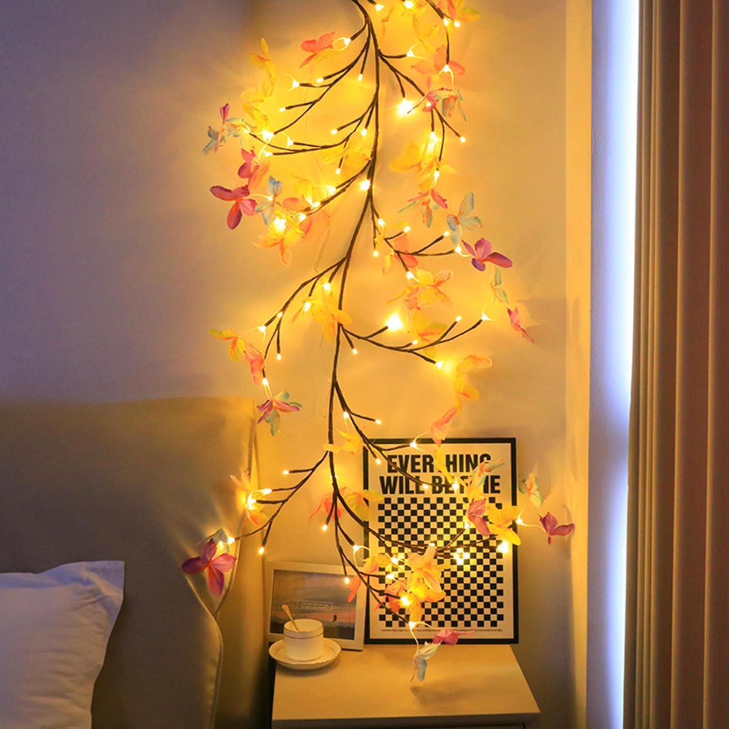 Gresoinc 230 cm 144 LED Schmetterling Blüte Baum Zweige Lichter für Wand, USB-betrieben, 8 Modi, warmweiße Lichterkette mit Fernbedienung, Timer, dimmbar, flexibel, Weidenranke, Blumenmuster