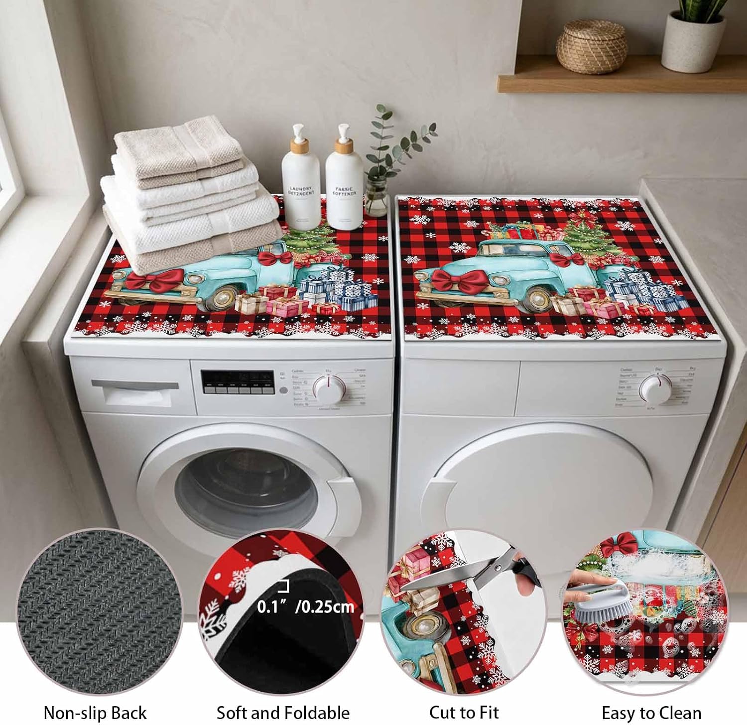Washer and Dryer Covers for the Top, Red Black Plaid Christmas Trucks Decorative Washing Machine Protector Mat, Dryer Top Cover for Laundry Room, Xmas Tree Gifts Snowflake 27" x 27" (Pack of 2) image 3