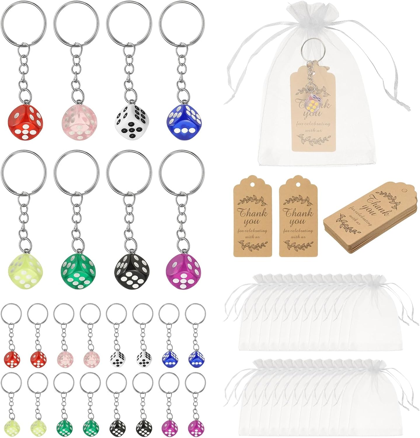 PATIKIL Dice Key Chains Bulk with Jute Twine Gift Tag/Mesh Bag, Creative Keyring Charm Pendant for Bag Cellphone Accessories