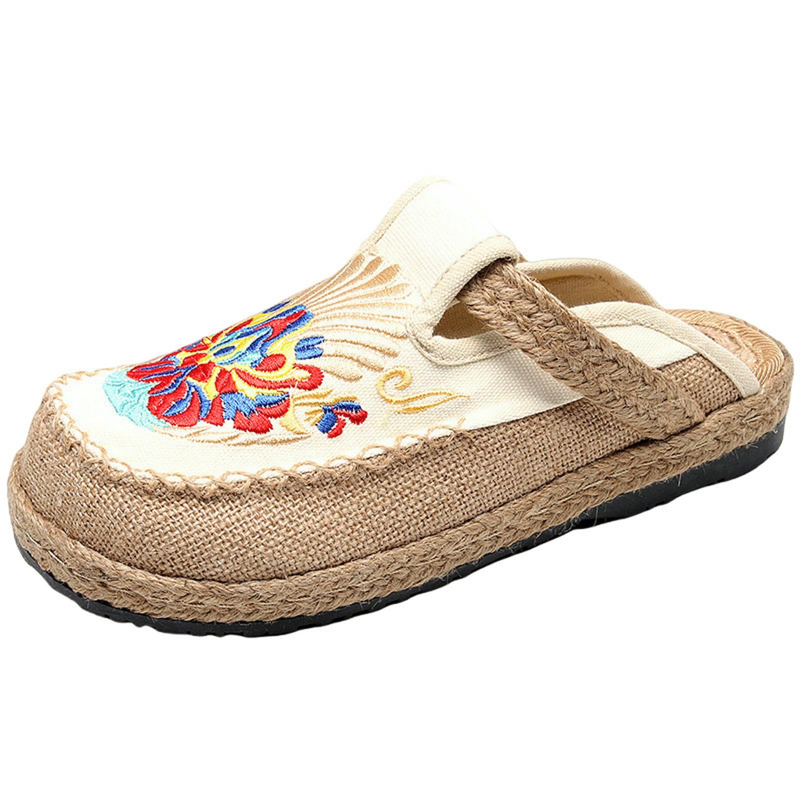 Ciabatte Donna Pantofole di Biancheria Ricamate in Stile Etnico delle Donne - Scarpe Tessuto Estivo A Mano, Calzature Casual Traspiranti E Antiscivolo-white-35 UE
