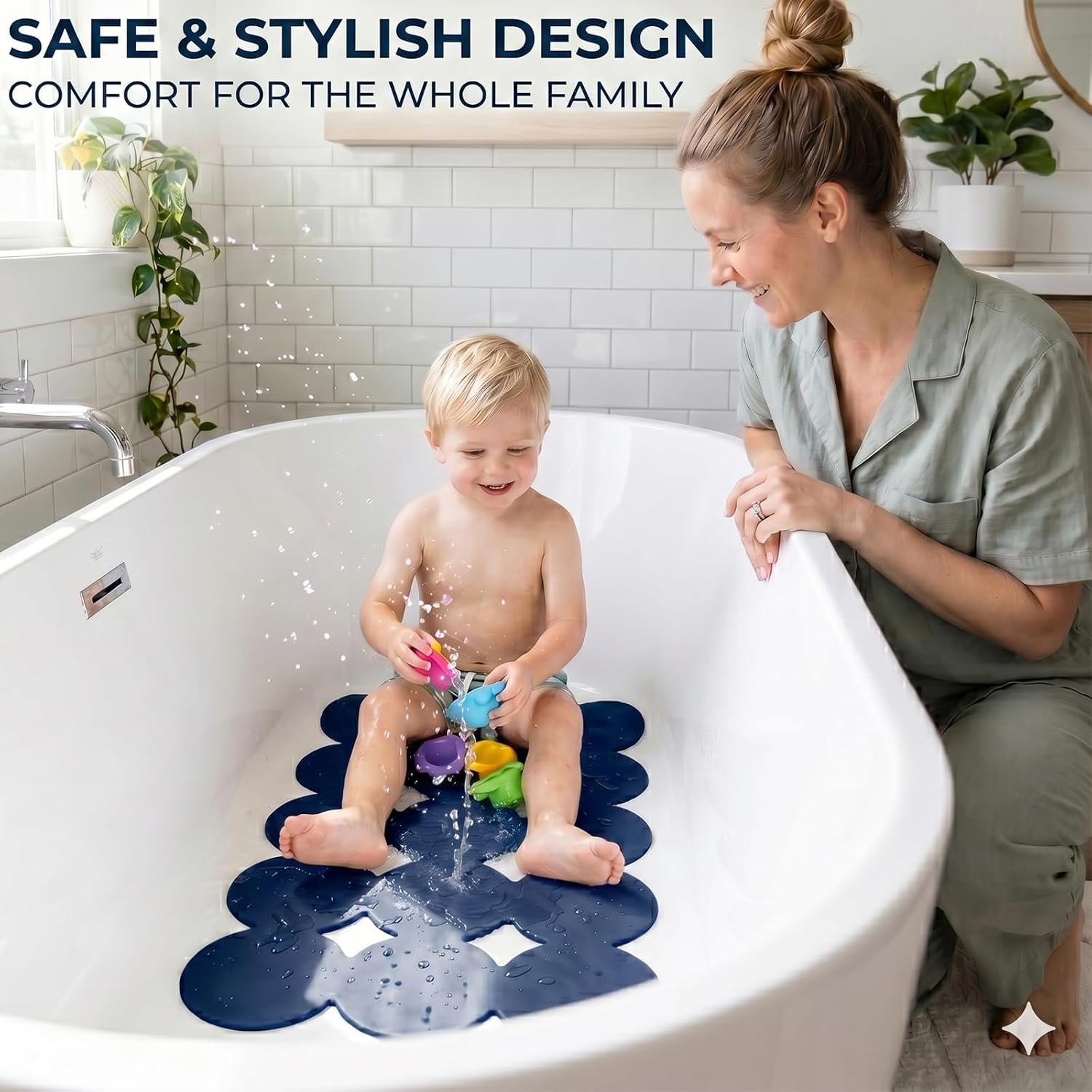 Webos Non Slip Bathtub Mat Shower Mat Bath Mat Tub Mats with Strong Suction Cups Soft Natural Rubber Bath Mat for Inside The tub (Ivy-Blue, 28x16 inch) image 4