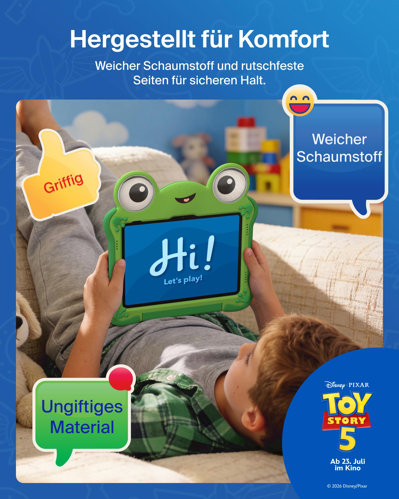 Belkin Disney und Pixar iPad A16 Hülle inspiriert von Lilypad aus Toy Story 5 (11. Generation 2025, 11" / 10. Generation 2022, 10,9"), Stoßfest, Robust, Ungiftig, Tablethülle mit Ständer und Griff